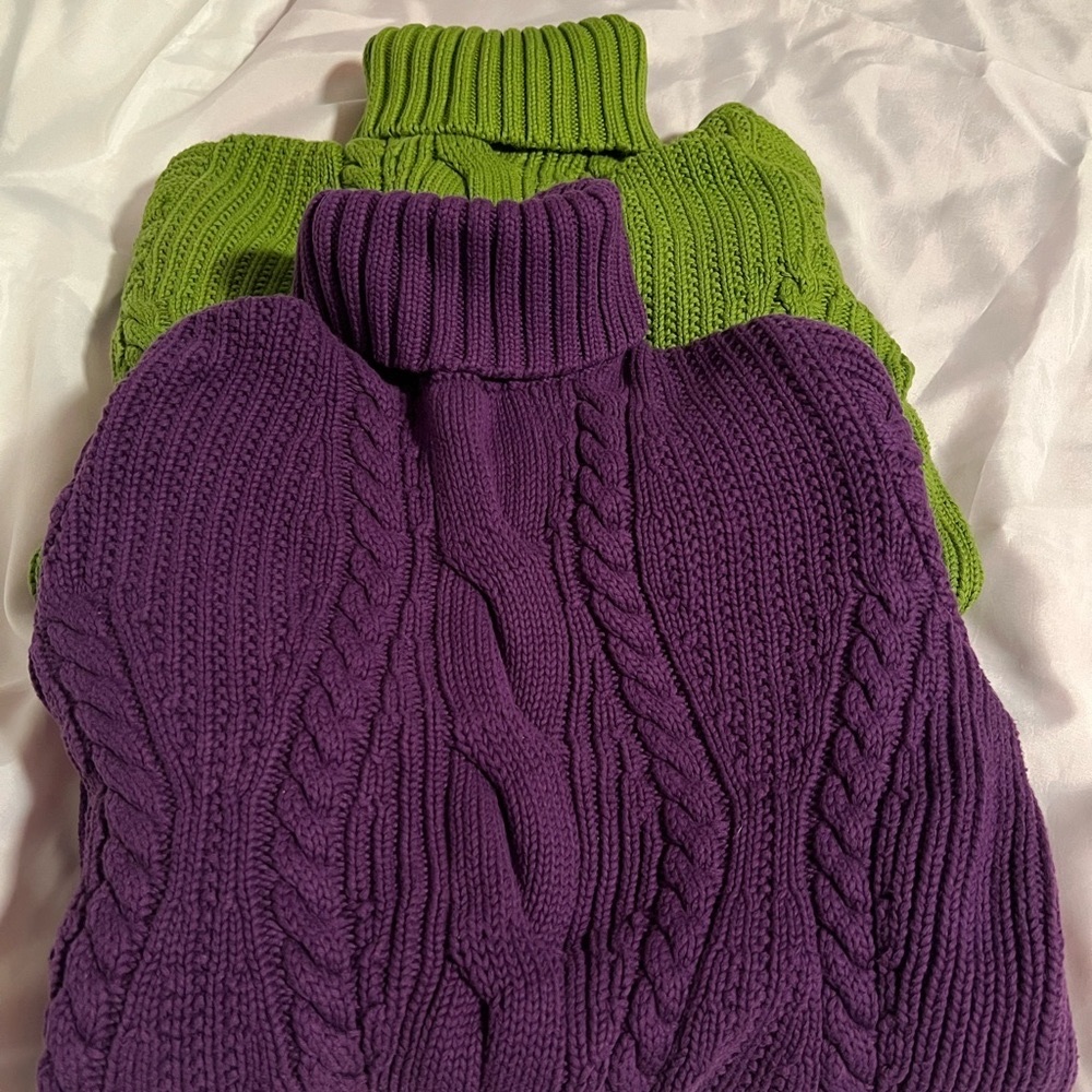 Turtle neck, thicker cable knit sweaters.  Green and purple.  Lands End, size L.